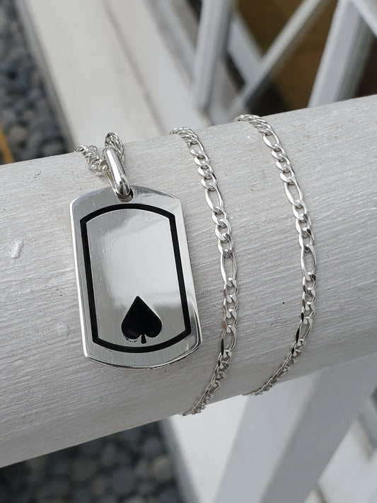925 Sterling Silver Ace of Spades World Poker Tour Dogtag Pendant Charm Necklace