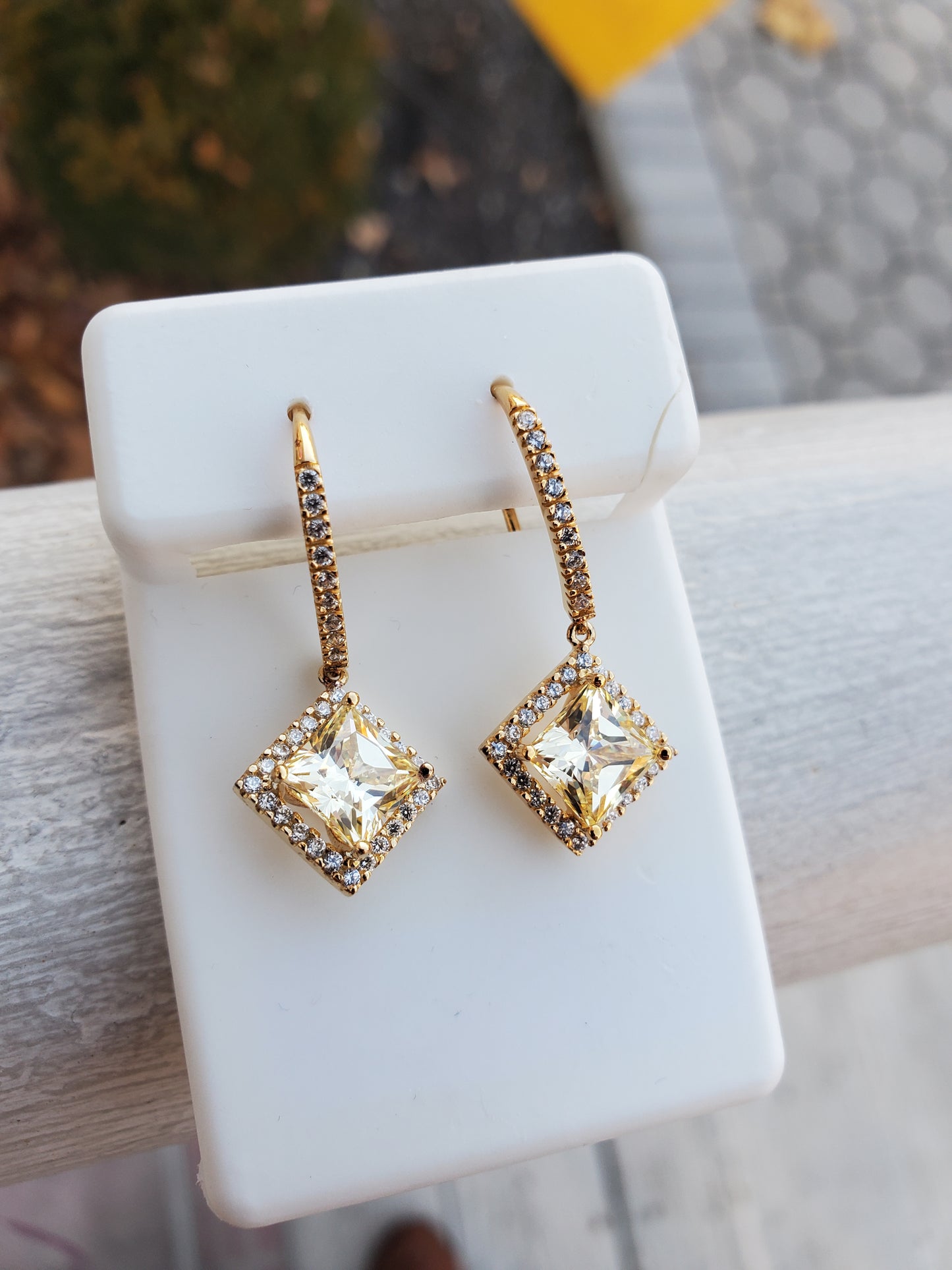 925 Sterling Silver Vermeil Princess Cut Canary Zirconia CZ Dangling Earrings