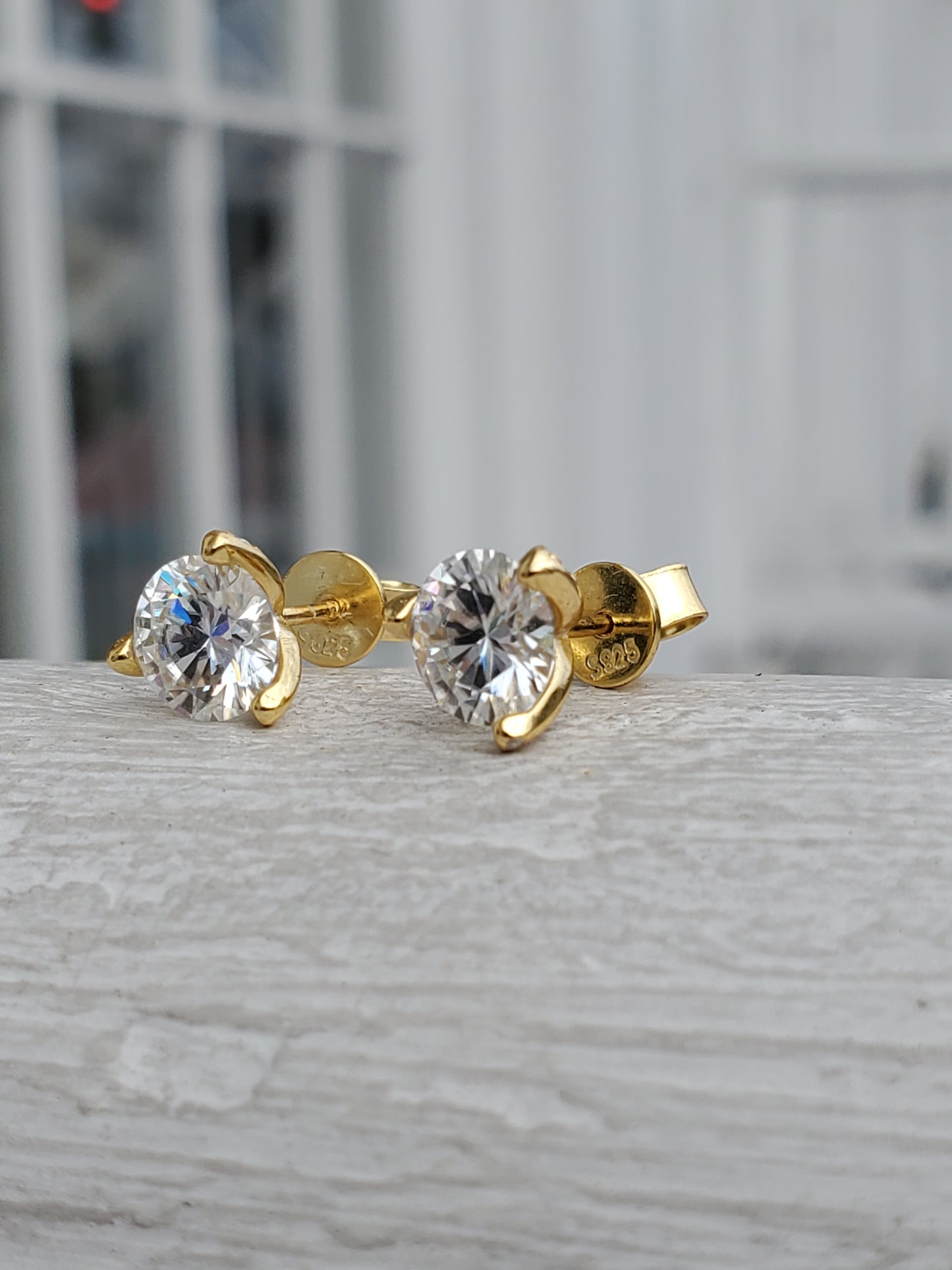925 Sterling Silver Vermeil 2tcw Moissanite Diamond Fancy 3-Prong Setting Stud Post Earrings