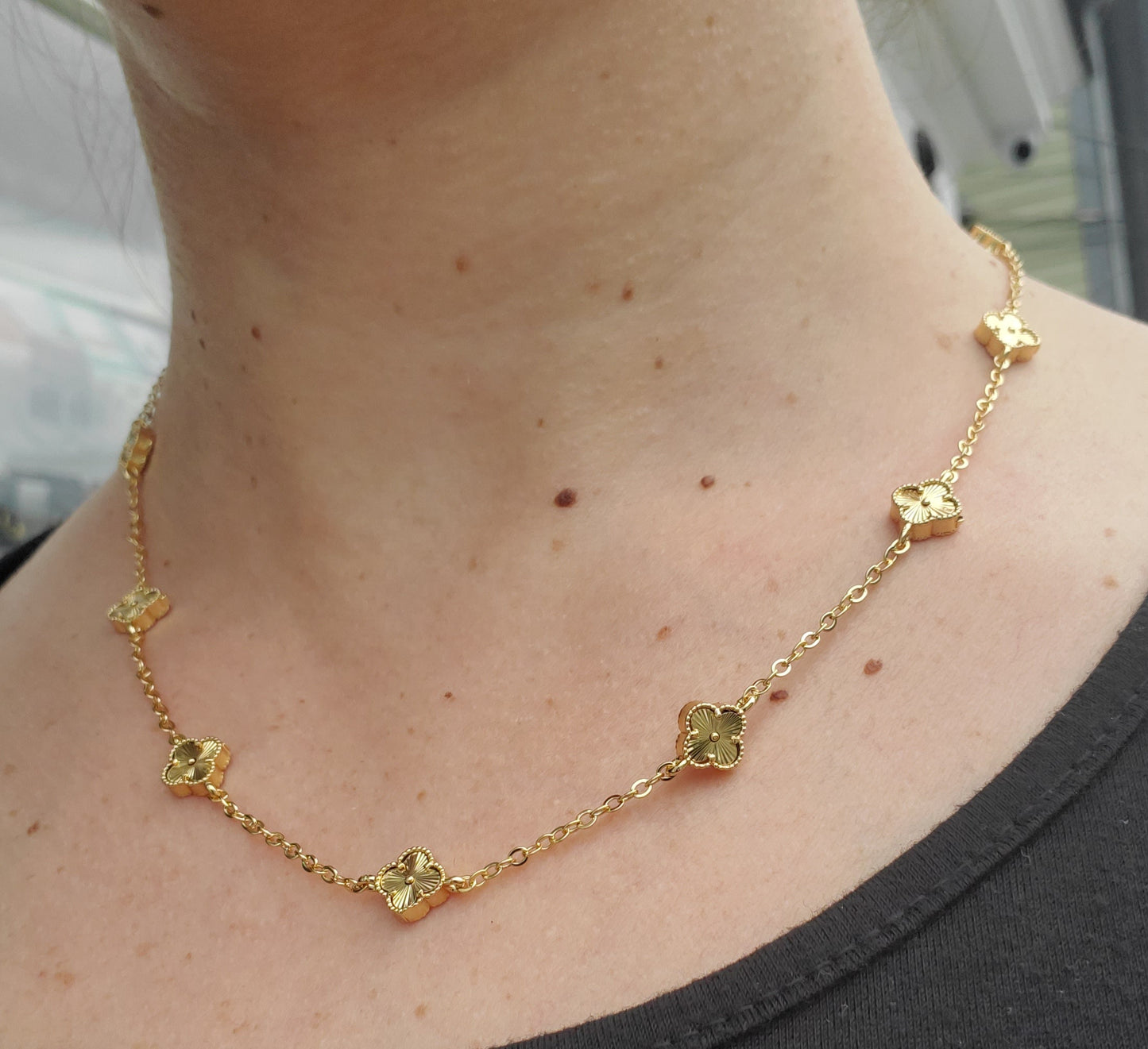 Stainless Steel Gold-plated Mini Clover Station Van Cleef Style Alhambra Necklace 18-20"