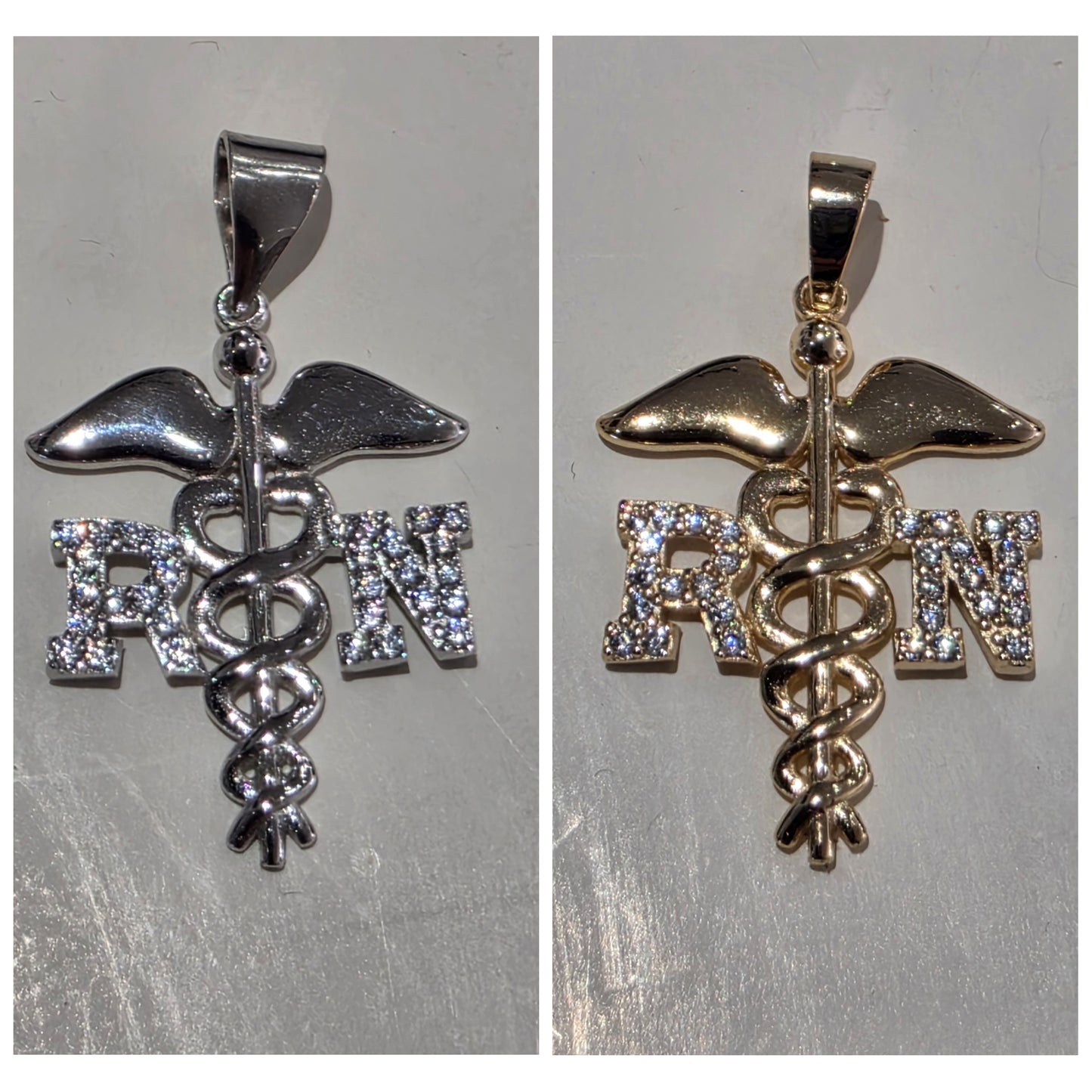 925 Sterling Silver & Vermeil RN Registered Nurse Medical Sign Staff Pendant Charm