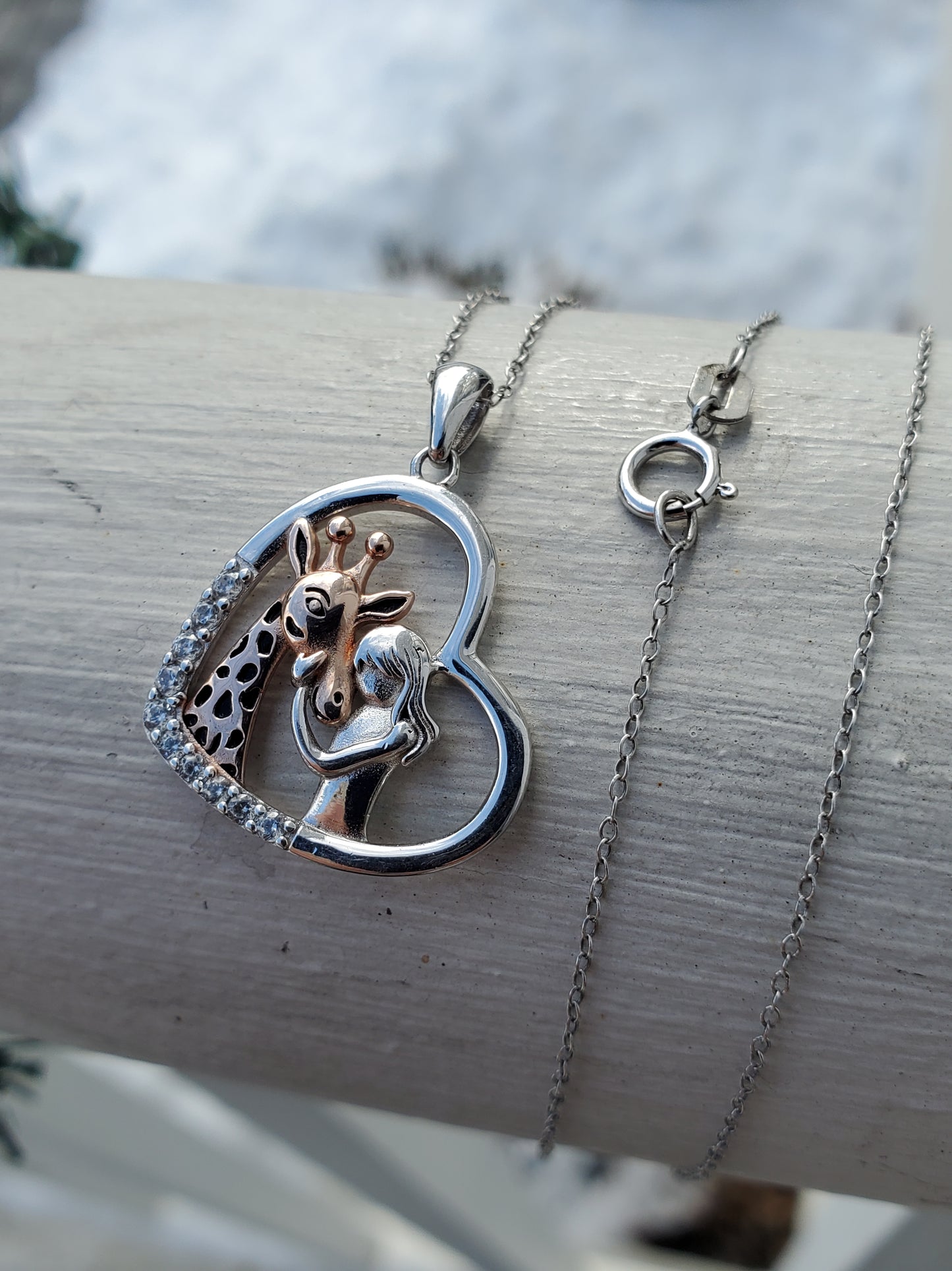 925 Sterling Silver "I Love Giraffes" Giraffe Heart Pendant Necklace