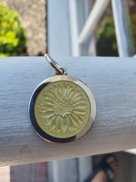 925 Sterling Silver COLBY DAVIS Sunflower Yellow Glass Enamel Pendant Always Shine