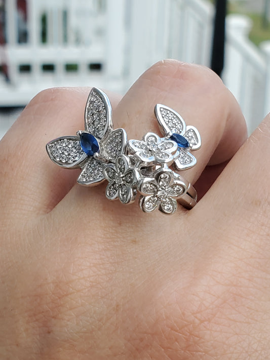 925 Sterling Silver Butterfly Bouquet 💐 Lab-Created Sapphire & Zirconia double finger ring