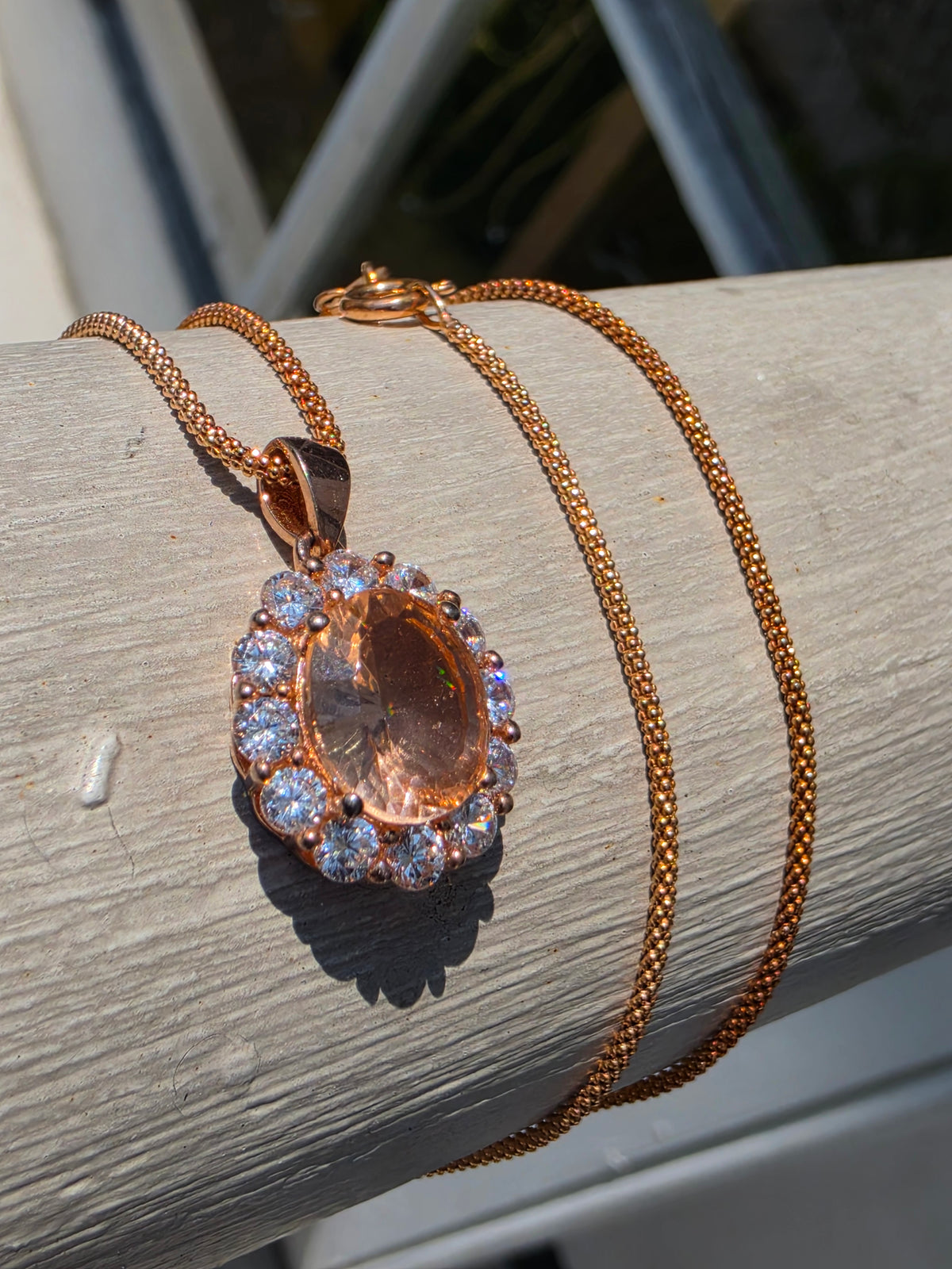 925 Sterling Silver Rose Vermeil Morganite & CZ Halo Solitare Necklace