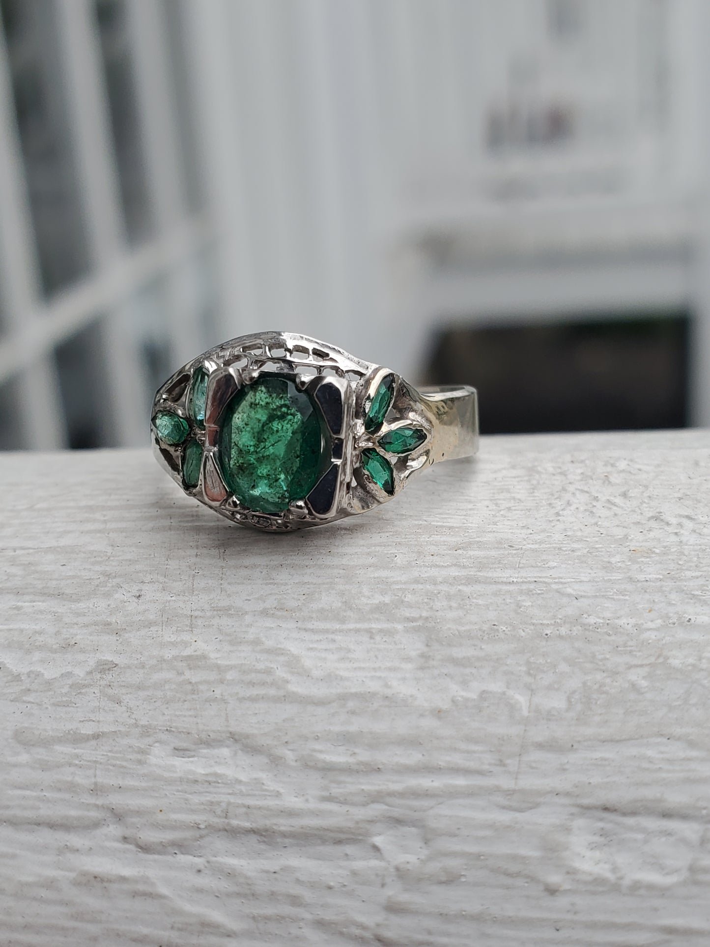 14k White Gold Antique Natural Oval & Marquise Emerald Ring