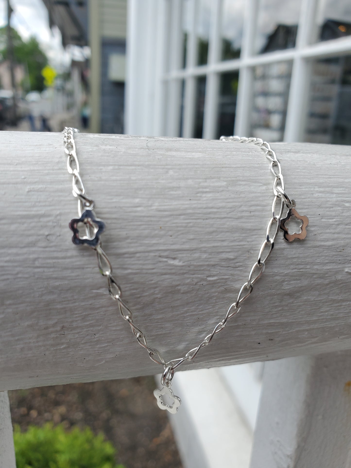 925 Sterling Silver Flower Charm Dangle Anklet / Ankle Bracelet 10”
