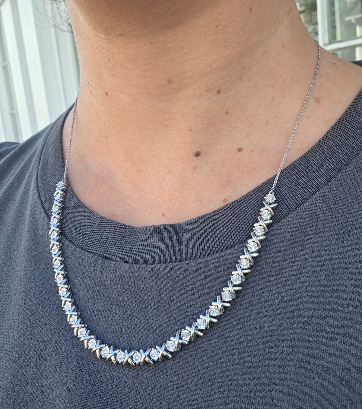 925 Sterling Silver XOXO Hugs & Kisses Natural Diamond Tennis Chain Necklace