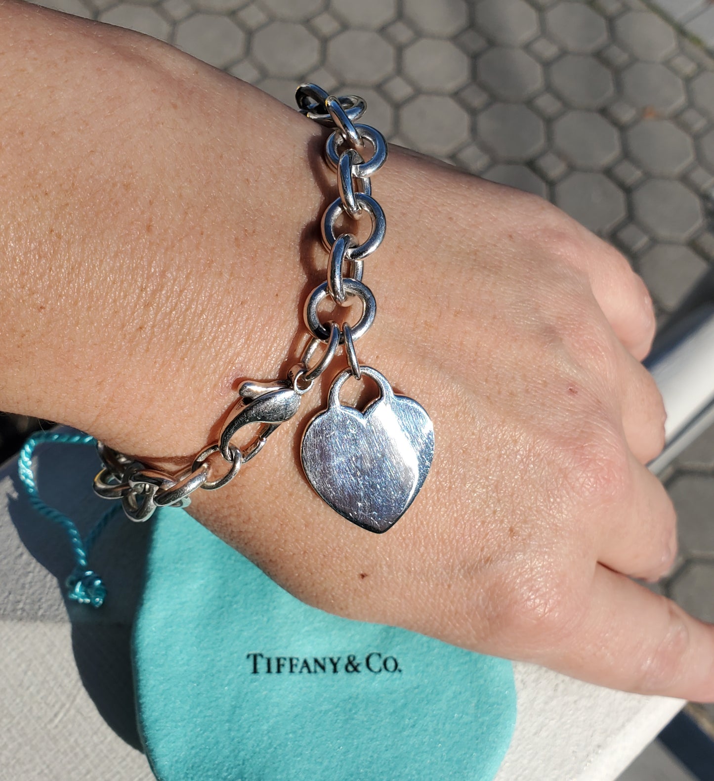 925 Sterling Silver Tiffany & Co. dangle heart tag chain link bracelet