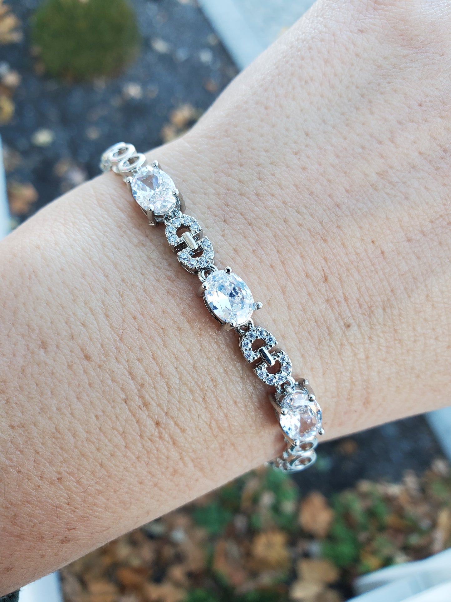 Stainless Steel Oval Past Present Future Tennis Zirconia CZ Bracelet