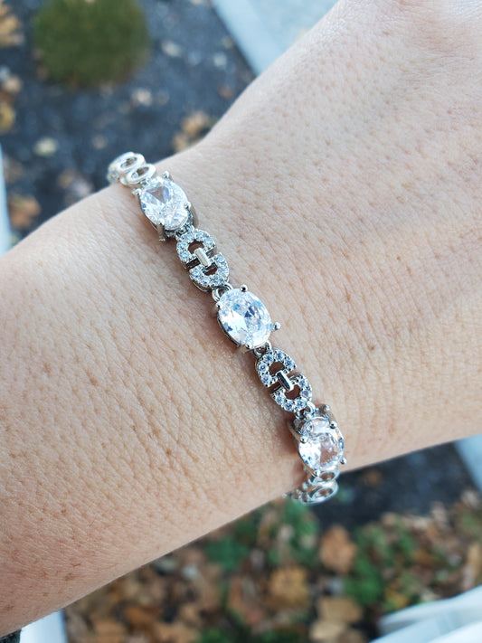 Stainless Steel Oval Past Present Future Tennis Zirconia CZ Bracelet