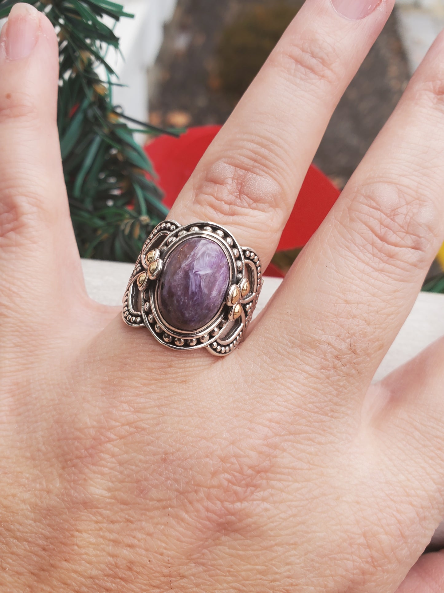 925 Sterling Silver & 14k Gold Designer BA Suarti Charoite Beaded Ring