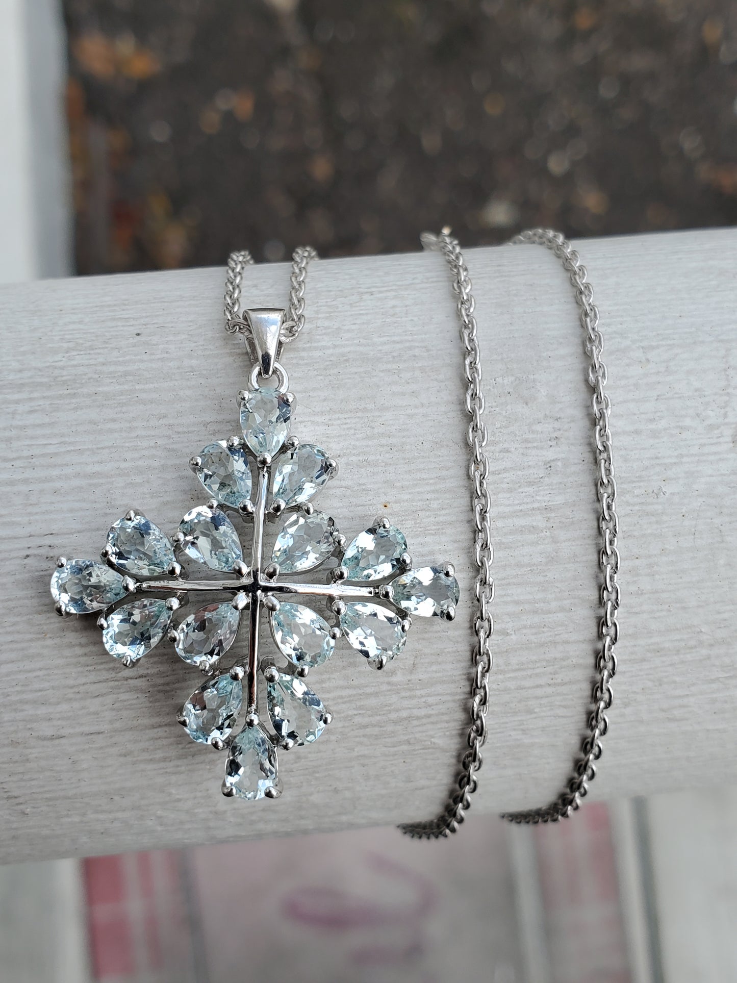 925 Sterling Silver Genuine Aquamarine Pear Shape Cross Cluster Pendant Necklace