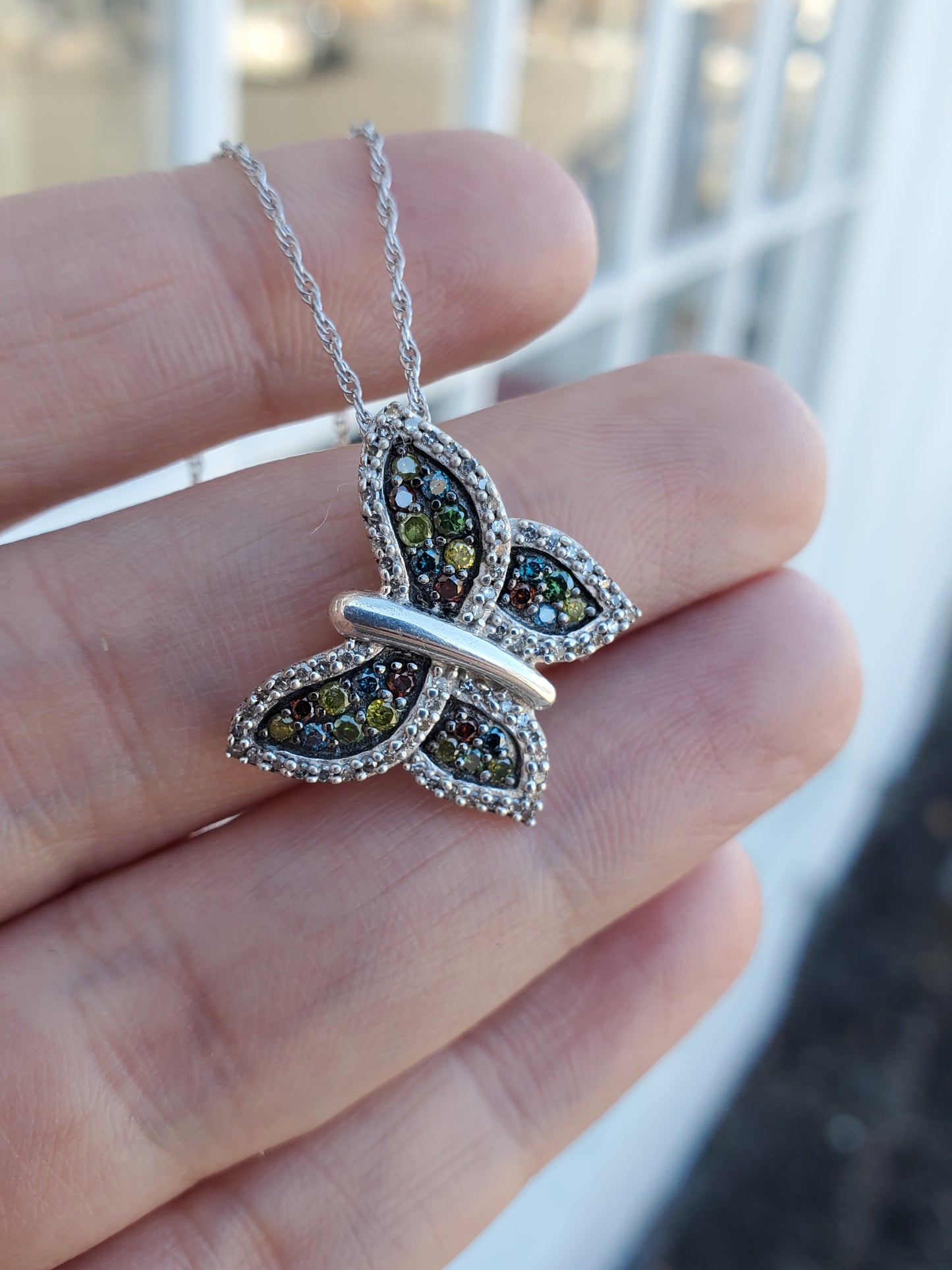 925 Sterling Silver 1tcw Multi-Color Diamond Butterfly Necklace