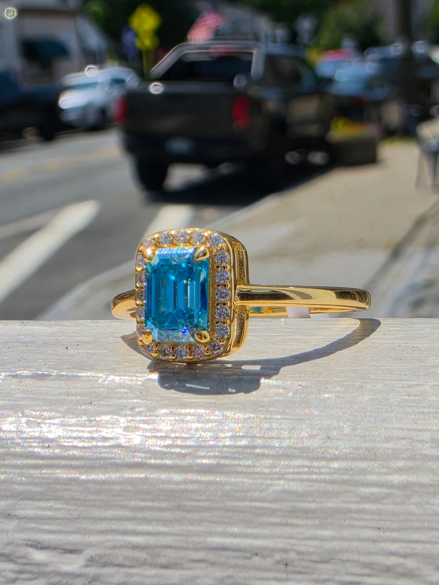 925 Sterling Silver 18k Vermeil Arctic Blue Emerald Cut Moissanite Ring w/Rlear Moissanite Halo