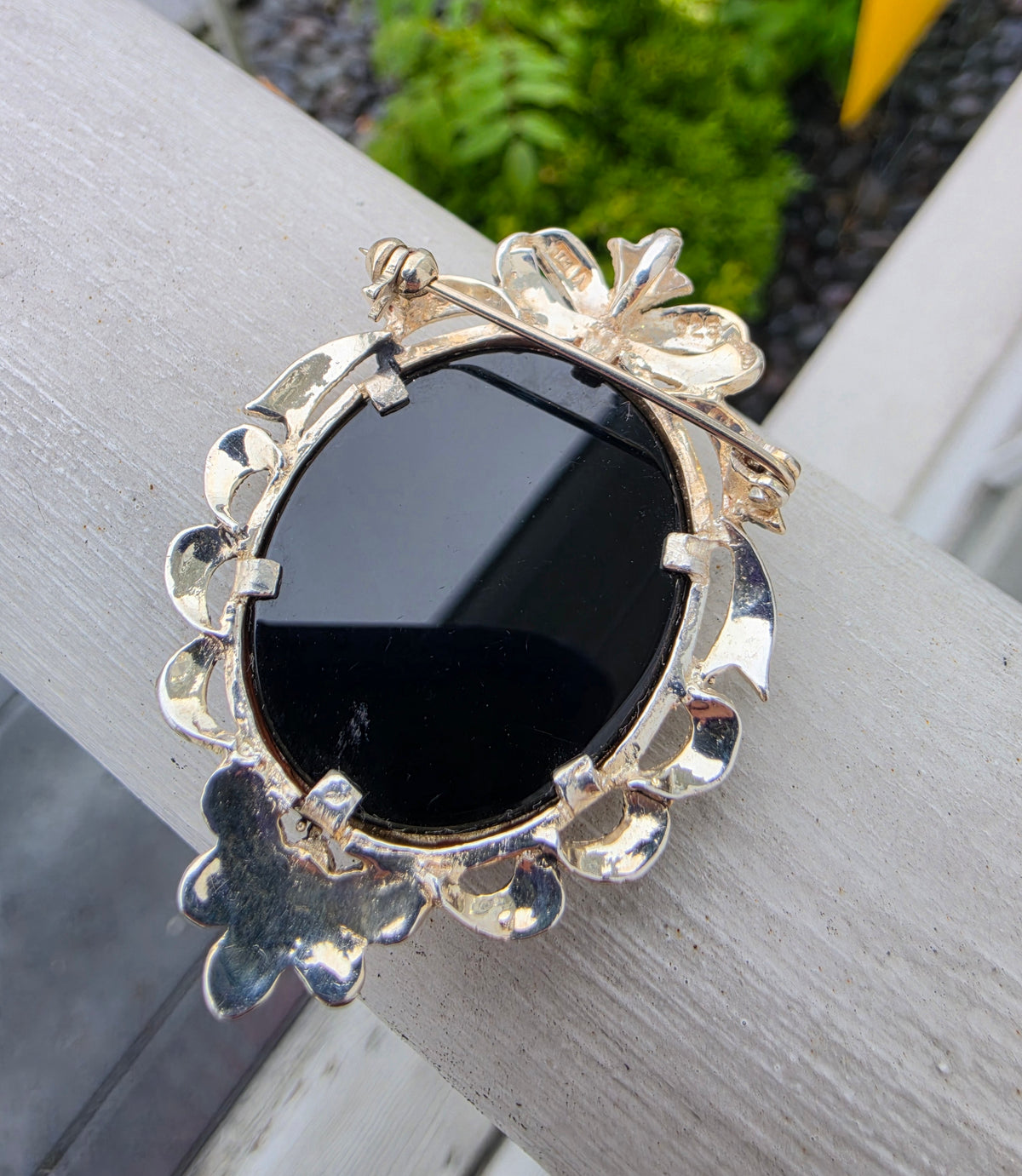 925 Sterling Silver Black Onyx, Mother of Pearl & Marcasite Large Cameo Pin Brooch Pendant