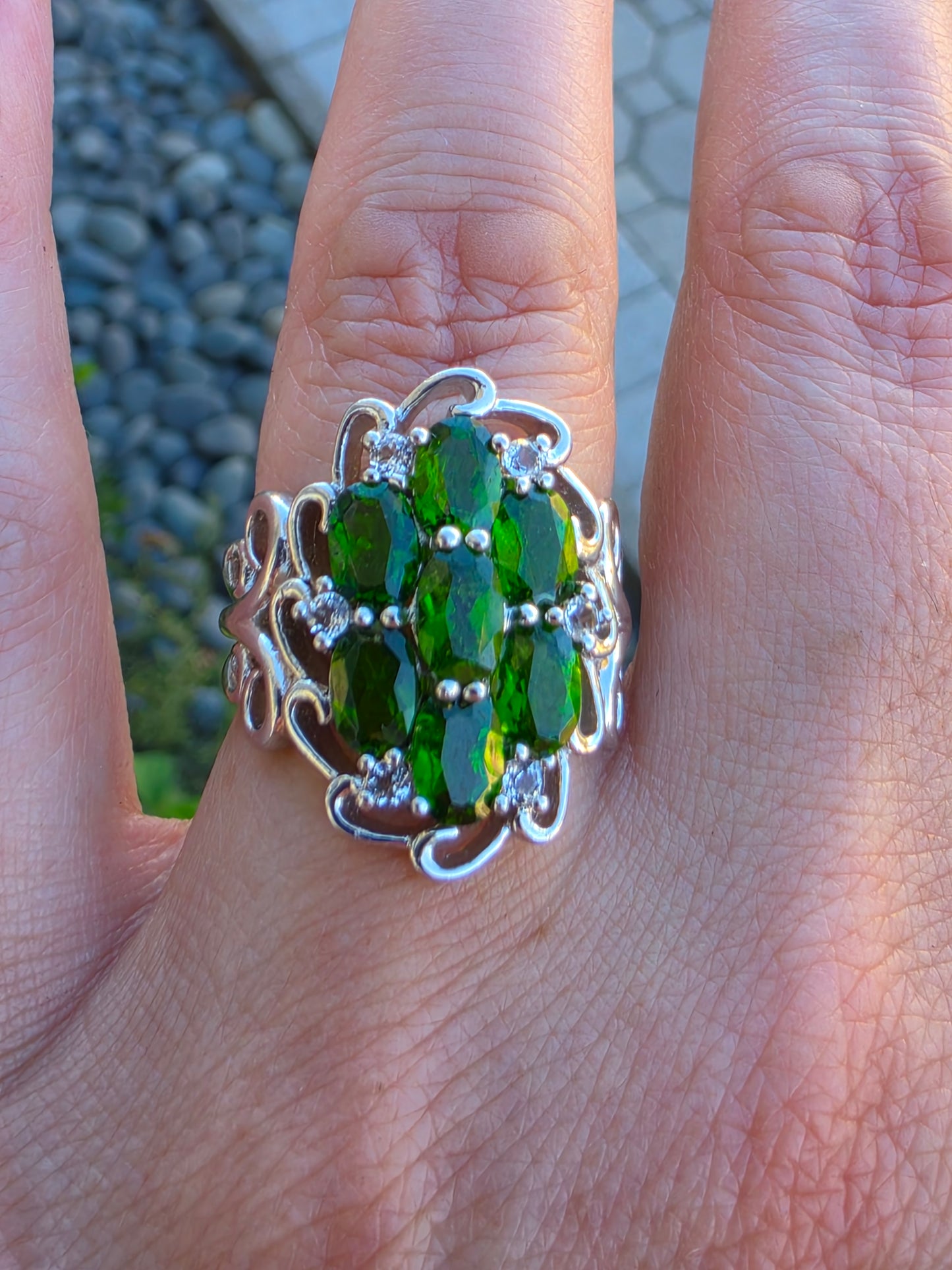 925 Sterling Silver Chrome Diopside  Cluster Ring