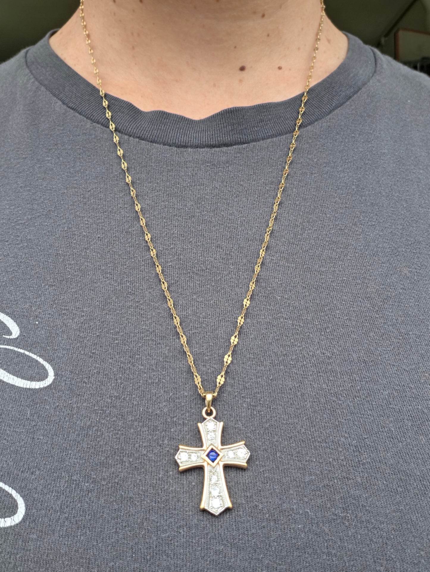925 Sterling Silver Vermeil Two-Tone Princess Cut Lab Sapphire & Zirconia CZ Cross Necklace