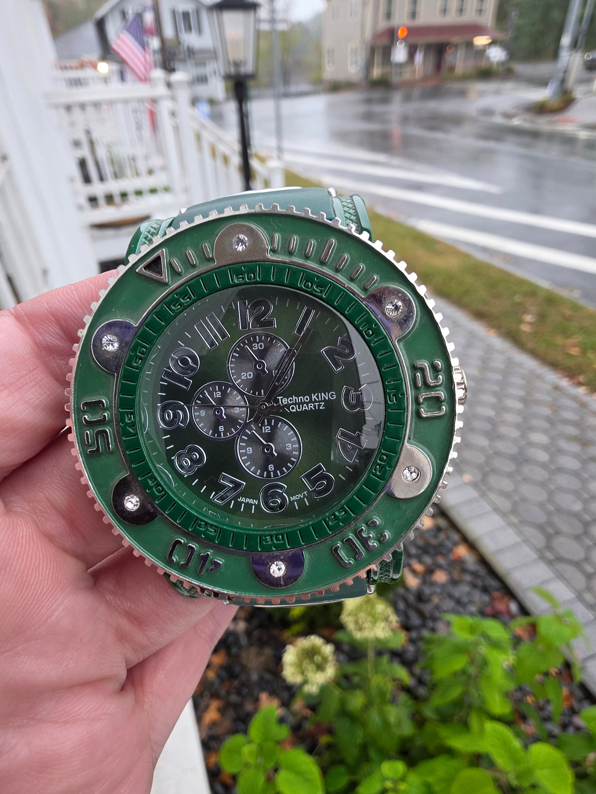 Mens Stainless Steel Techno King Green Rubber Band