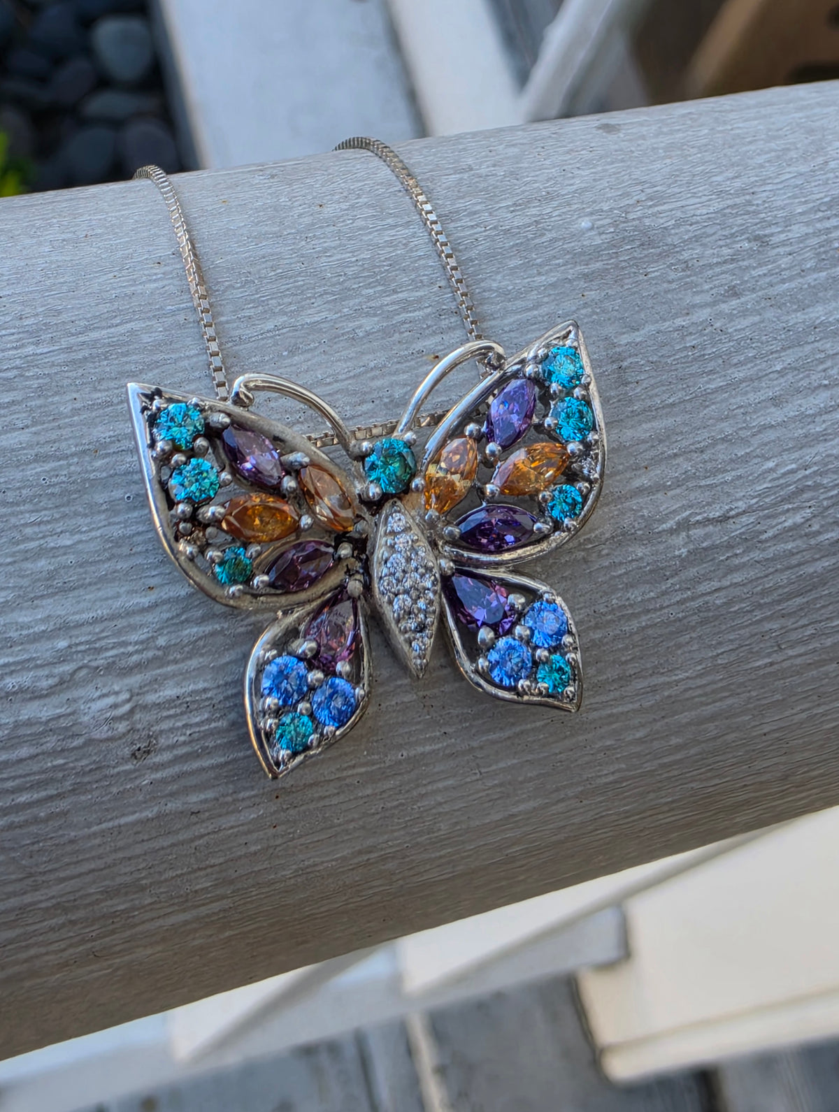 925 Sterling Silver Multi-Color Gemstone Butterfly Pendant Necklace