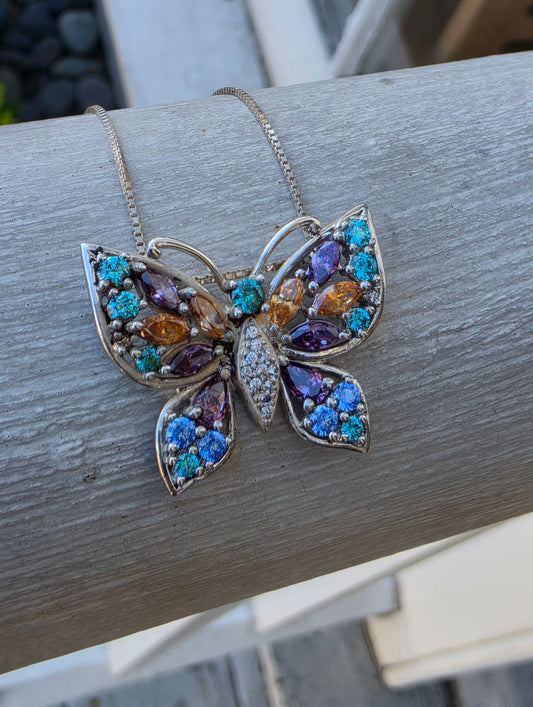 925 Sterling Silver Multi-Color Gemstone Butterfly Pendant Necklace