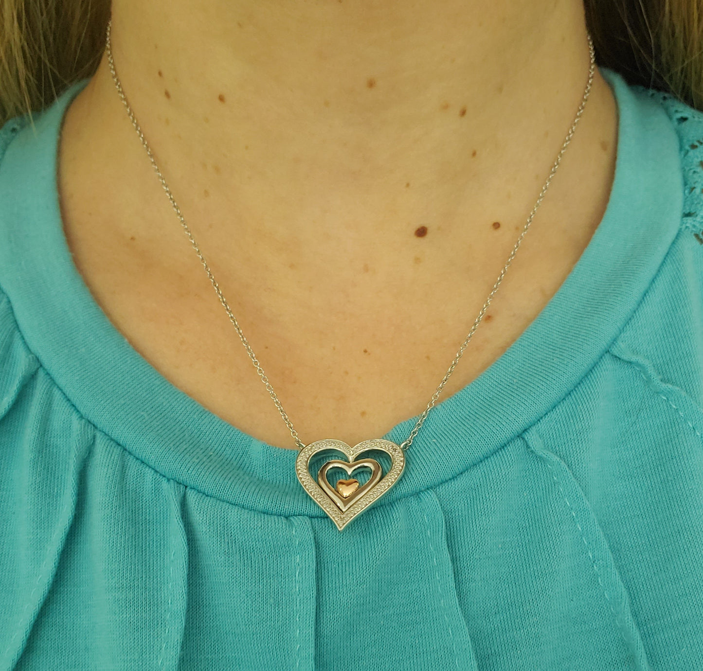 925 Sterling Silver & 14k Gold  Helzberg Diamond Double Heart "I Am Loved" Necklace