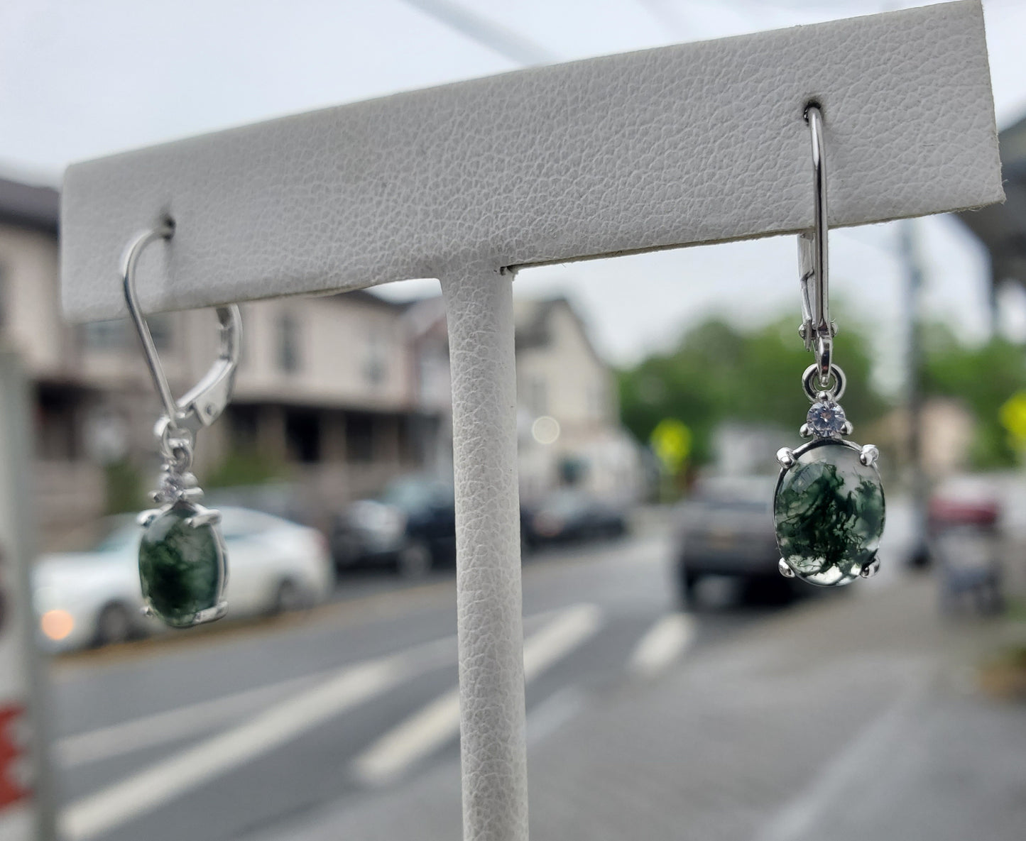 925 Sterling Silver Mossy Agate Leaverback Stone Earrings