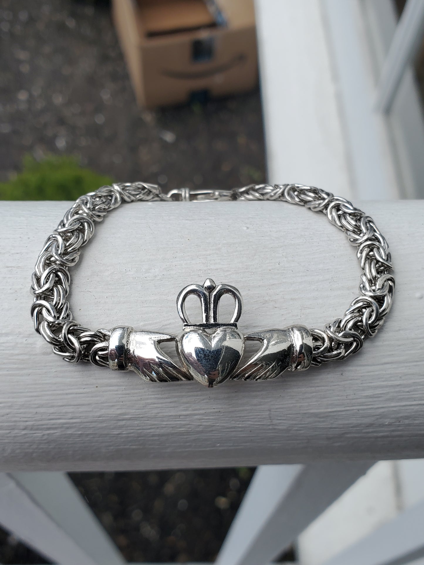 925 Sterling Silver Irish Claddagh Byzantine Bracelet