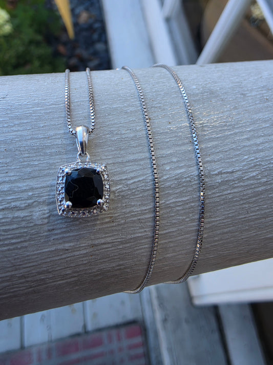 925 Sterling Silver Mini Albion Style Black Spinel & CZ Halo Necklace