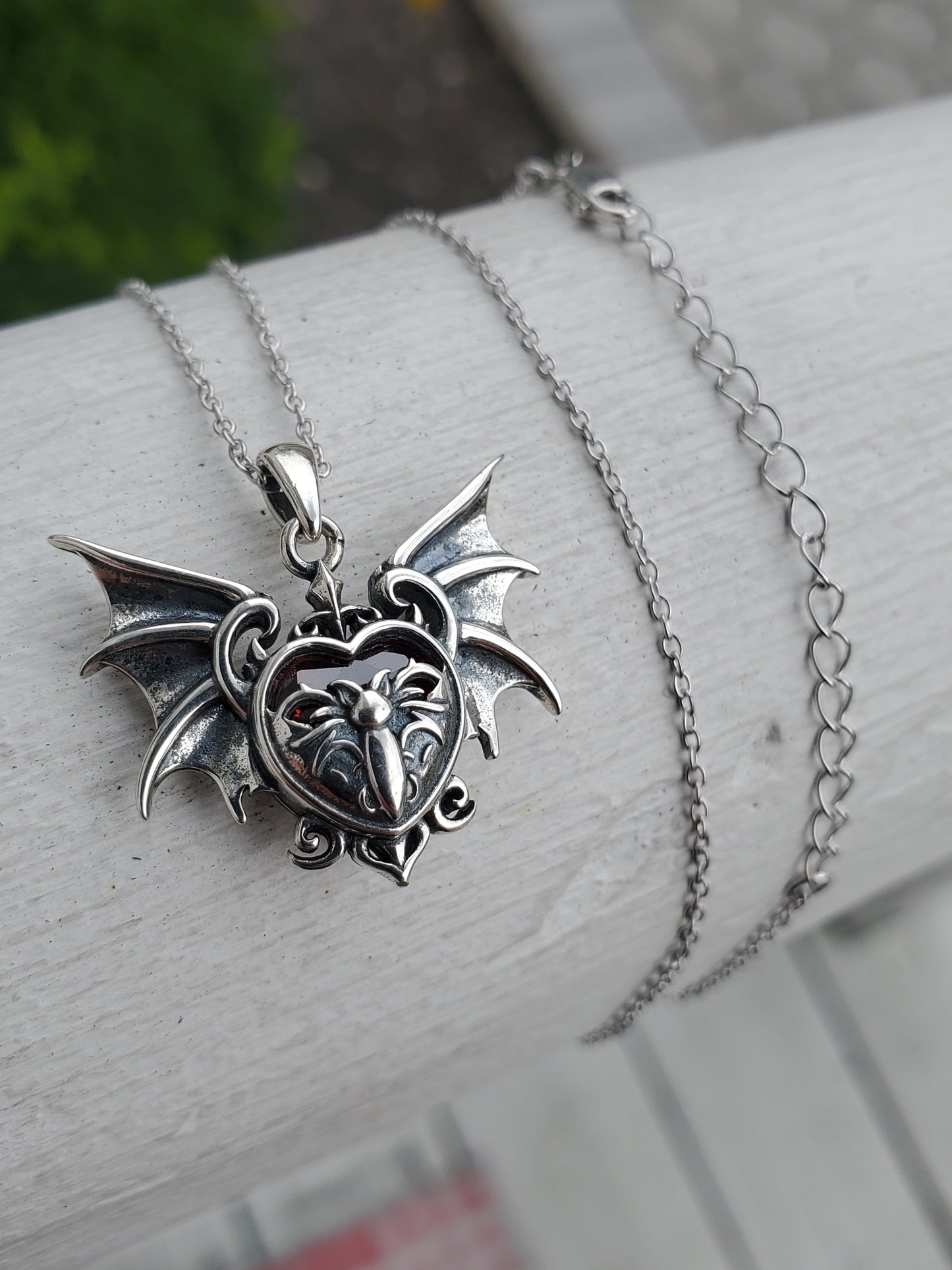 925 Sterling Silver Vampire Bat Red Heart Necklace