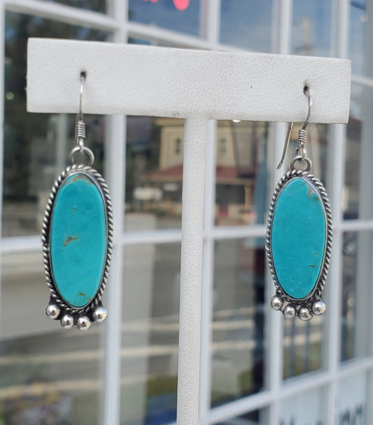 925 Sterling Silver Oblong Dangle Southwest Turquoise Earrings