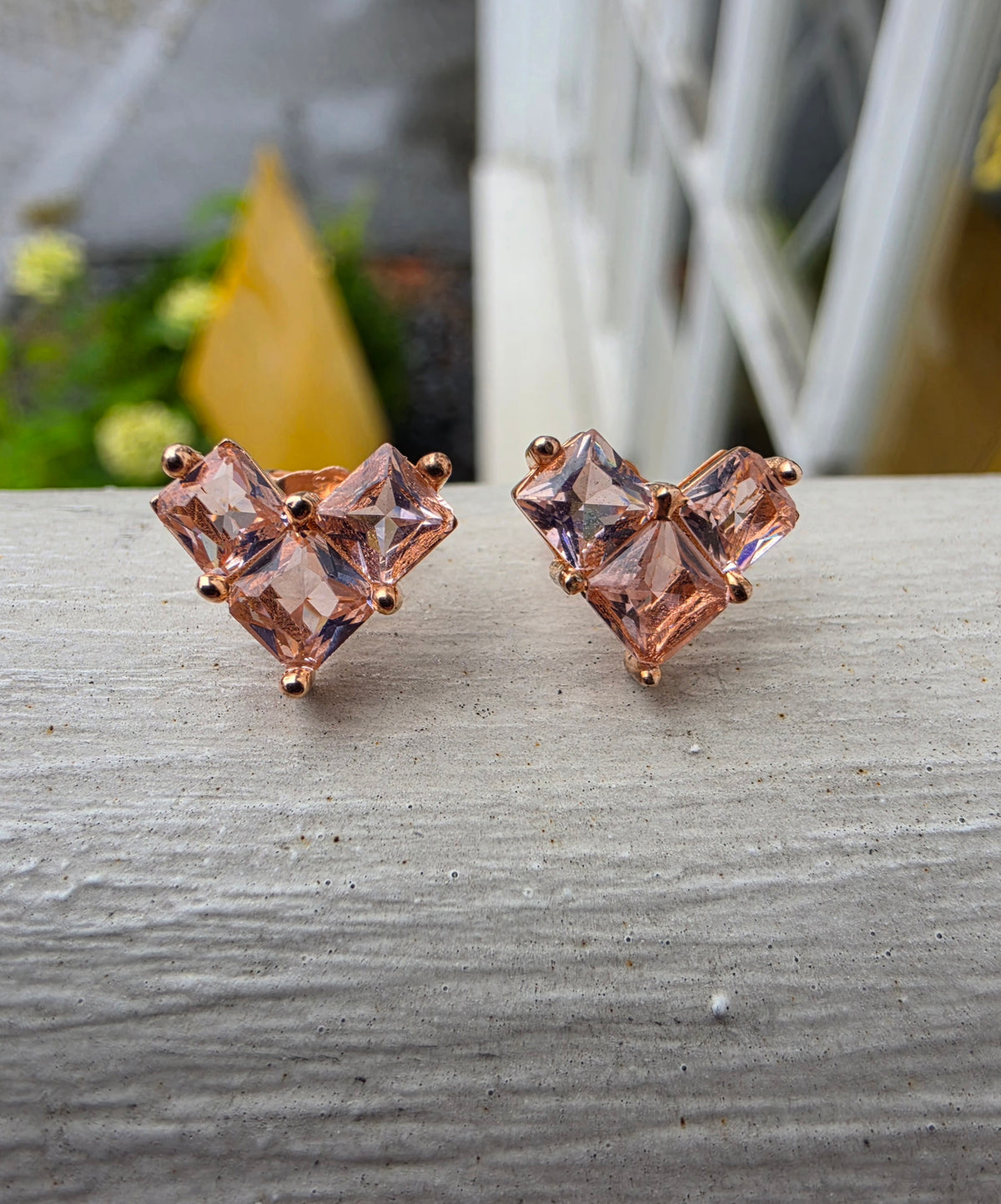 925 Stering Silver Rose Vermeil Tripolo Princess Cut Morganite Zirconia Stud Earrings
