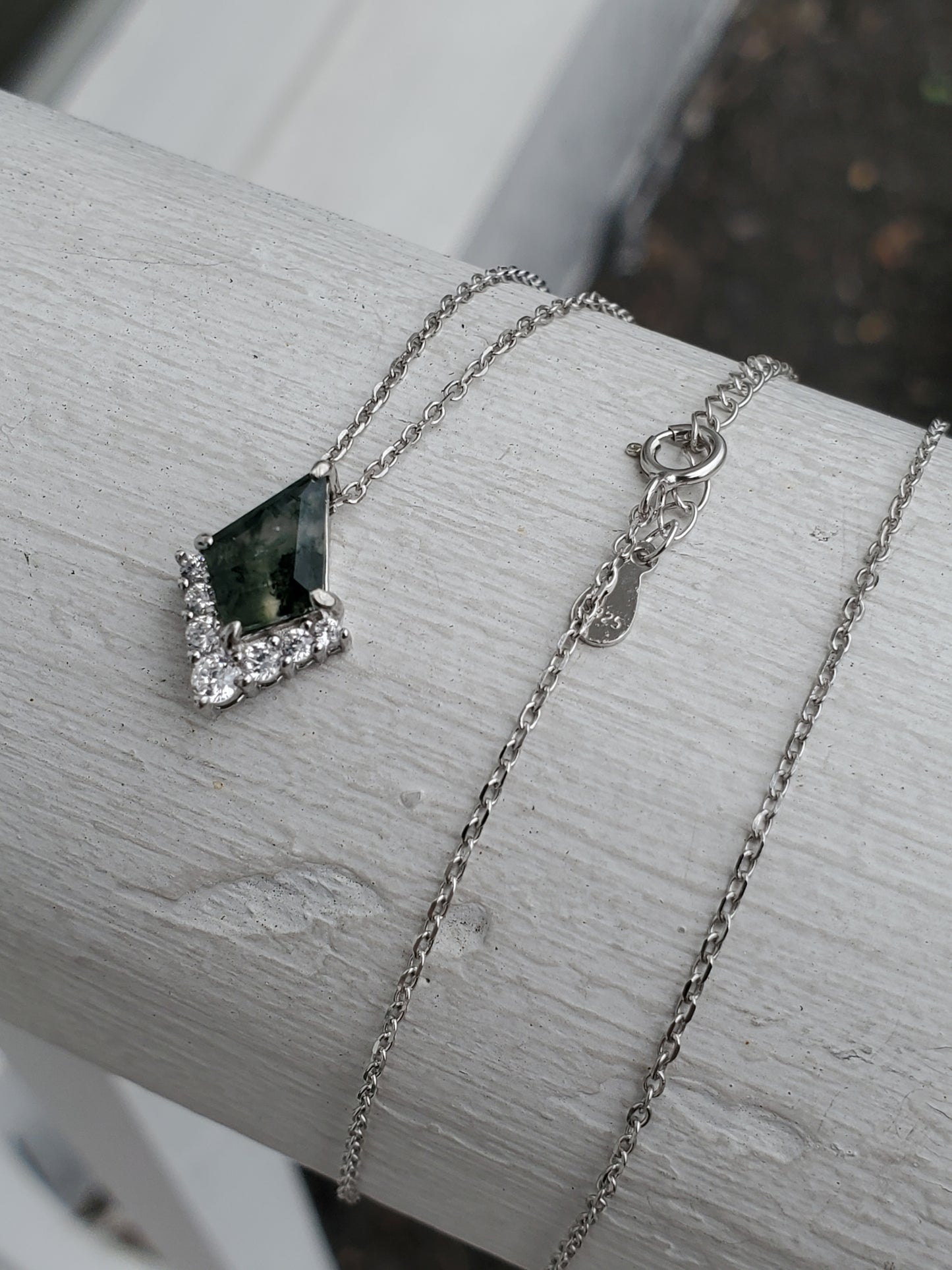 925 Sterling Silver Rhombus Cut Mossy Agate & Zirconia Necklace