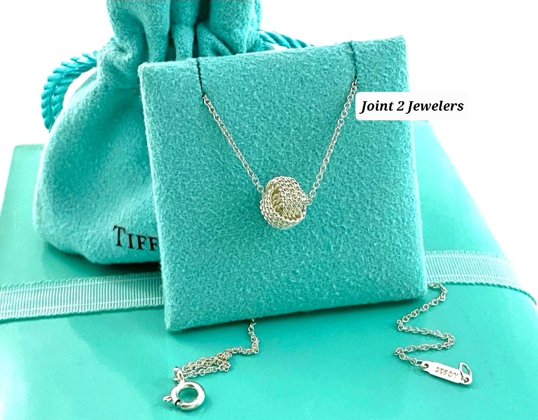 925 Sterling Silver Tiffany & Co. Somerset Mesh Love Knot Twist Pendant Necklace