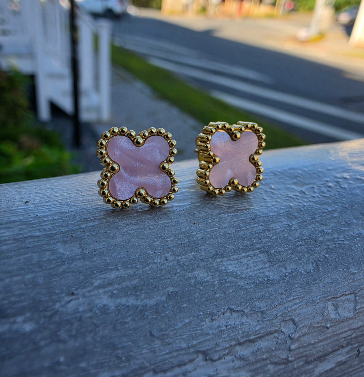 Stainless Steel Vermeil Pink Clover Van Cleef Style Post Stud Earrings