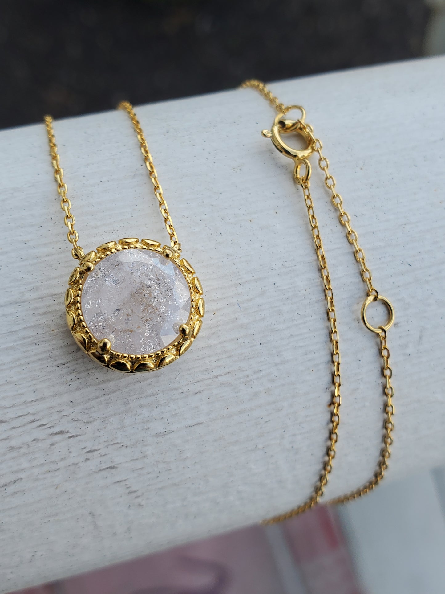 925 Sterling Silver Vermeil Rock Crackle Quartz Crystal Necklace