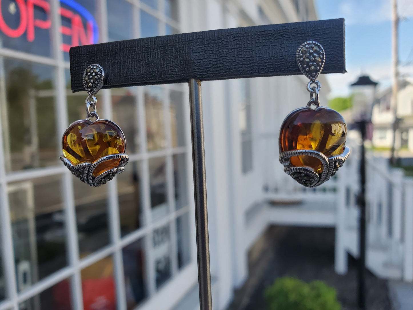 925 Sterling Silver Designer FAS Amber Heart & Marcasite Dangle Earrings