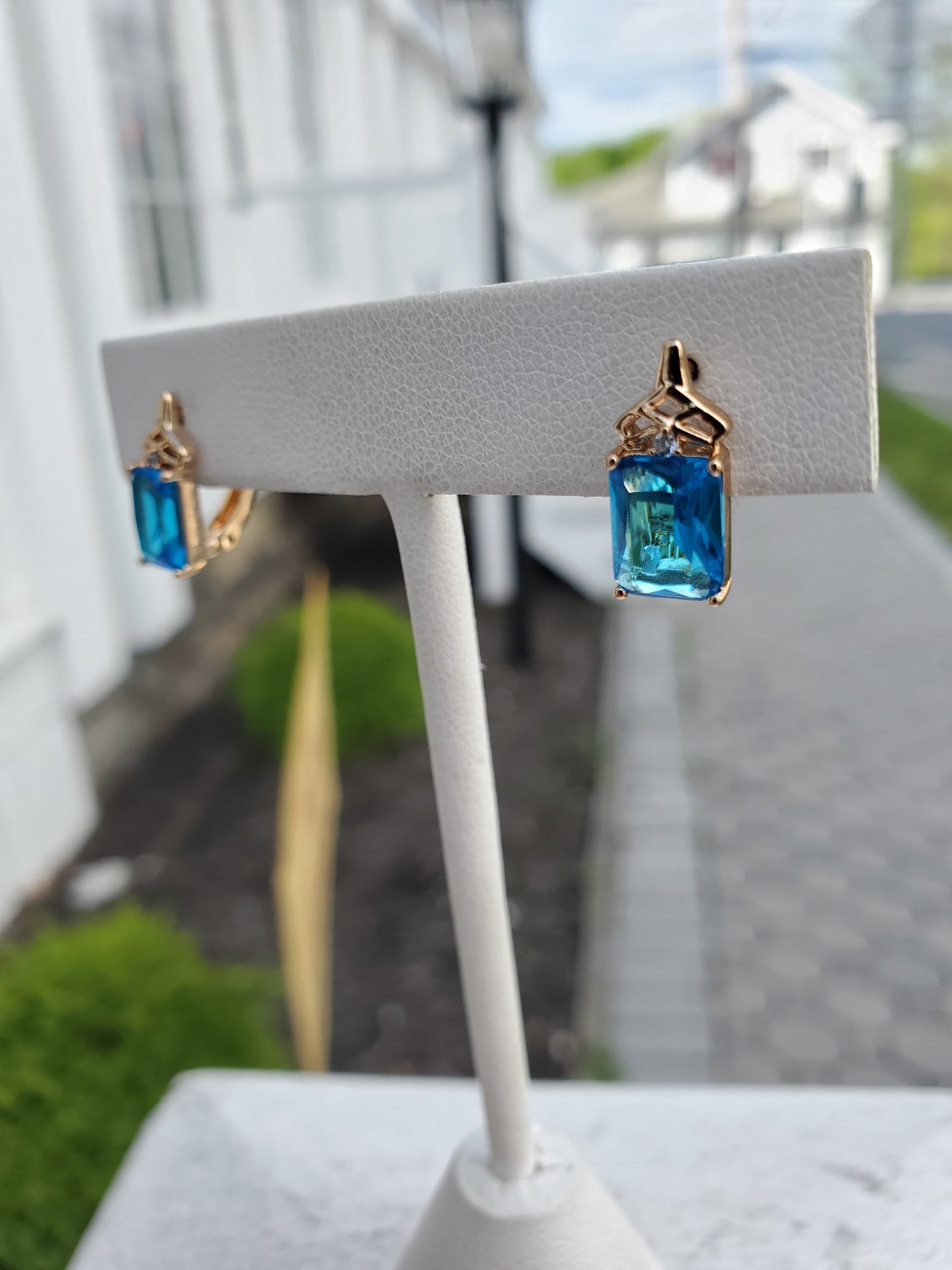 Stainless Steel Gold Plated Simulated Blue Topaz Leaversnap Earrings