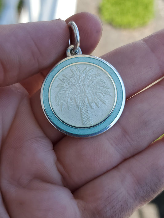 COLBY DAVIS Palm Tree Sterling Silver Enamel Pendant Light Blue 925 No Shoes Req