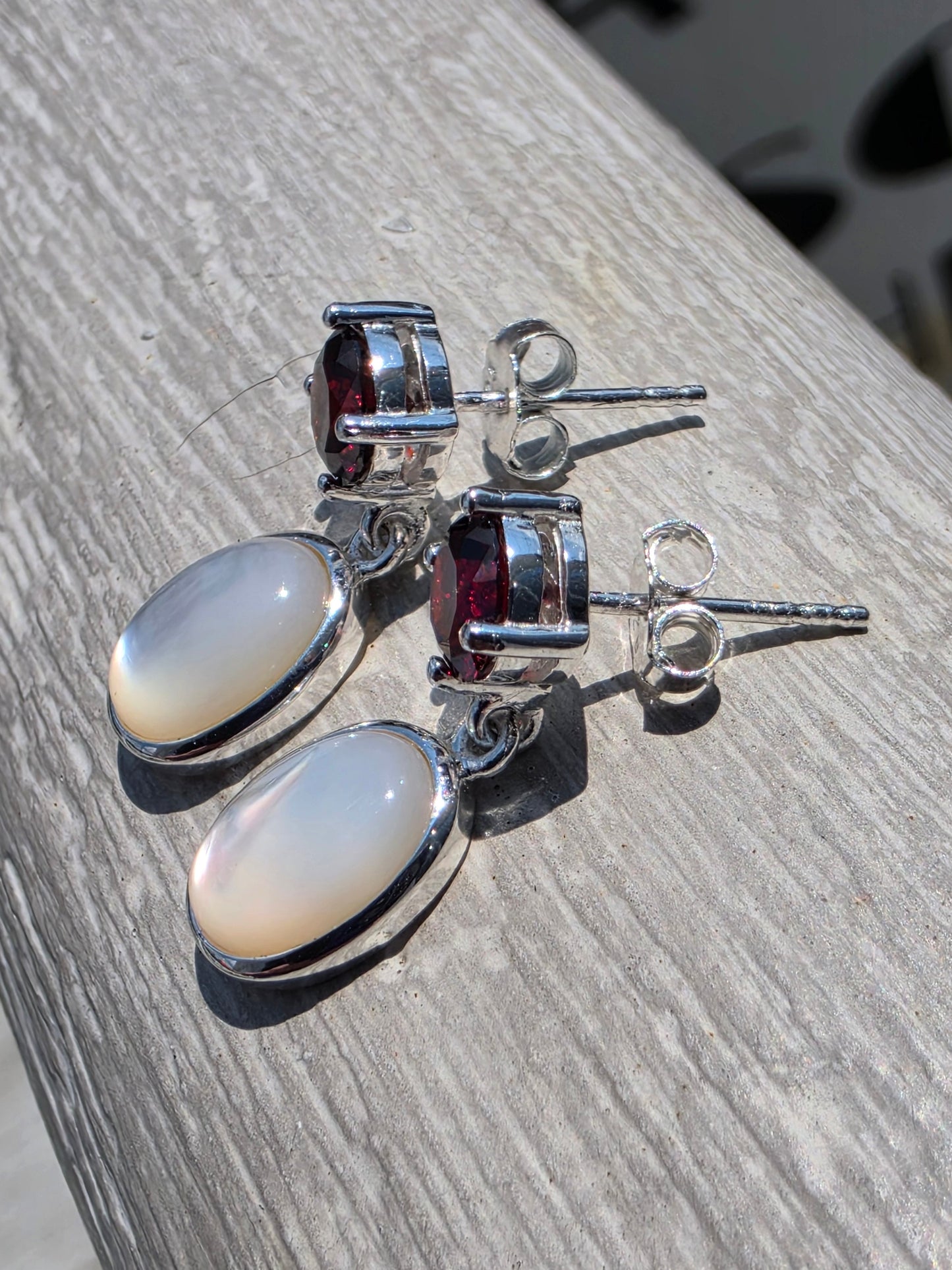 925 Sterling Silver Garnet & Mother of Pearl Dangle Earrings