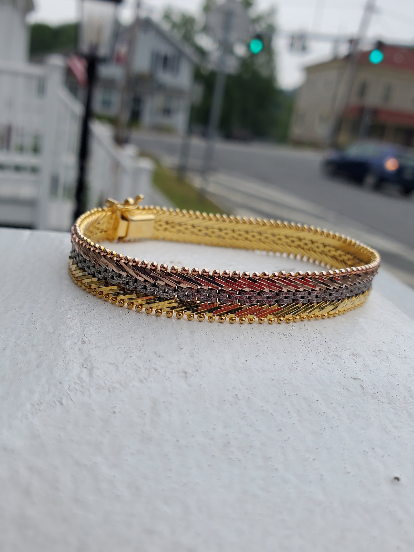 925 Sterling Silver Tri-color Riccio Chevron Link Bracelet
