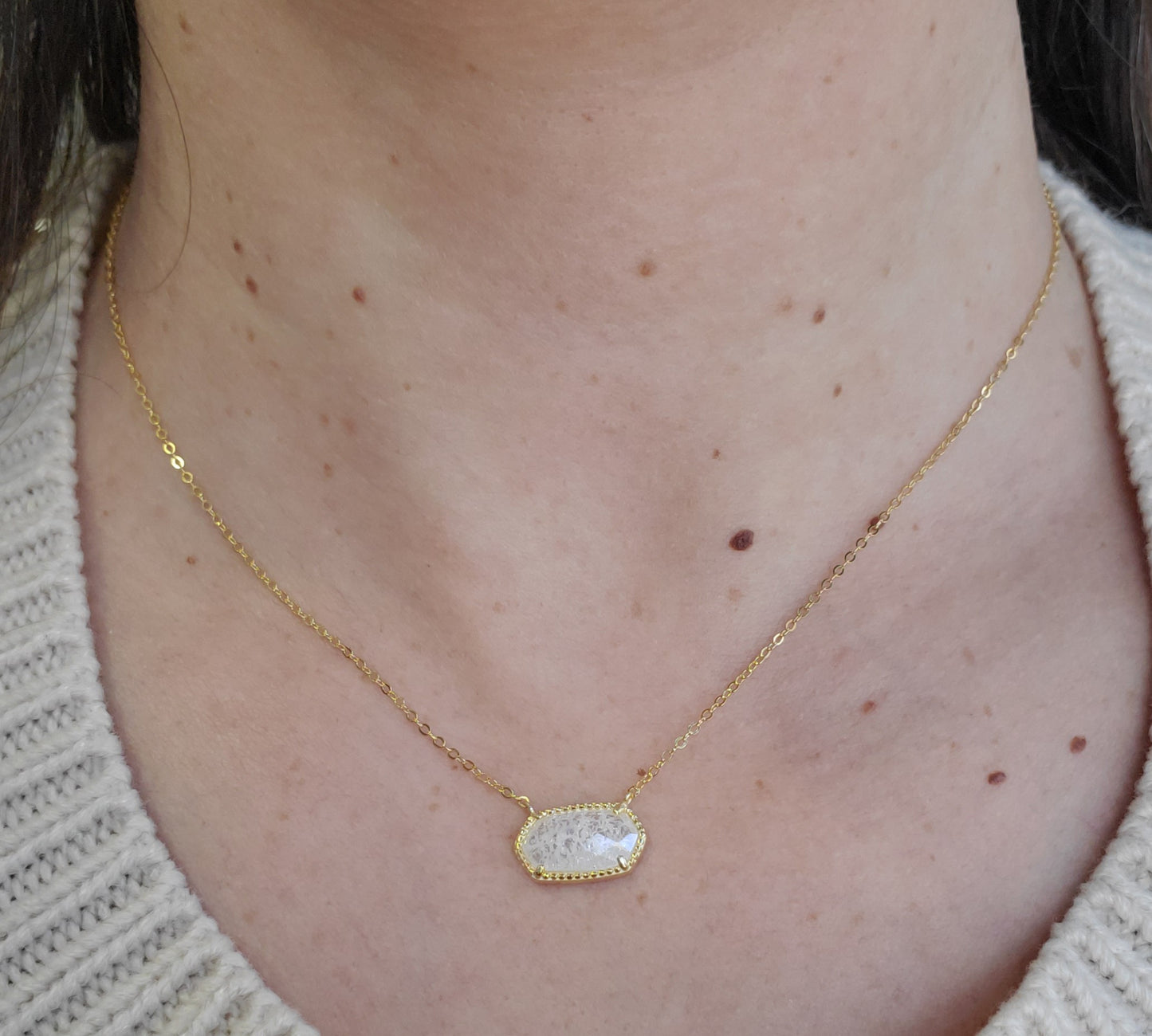 925 Sterling Silver Vermeil Kendra Scott Style Clear Crackle Quartz Crystal Necklace