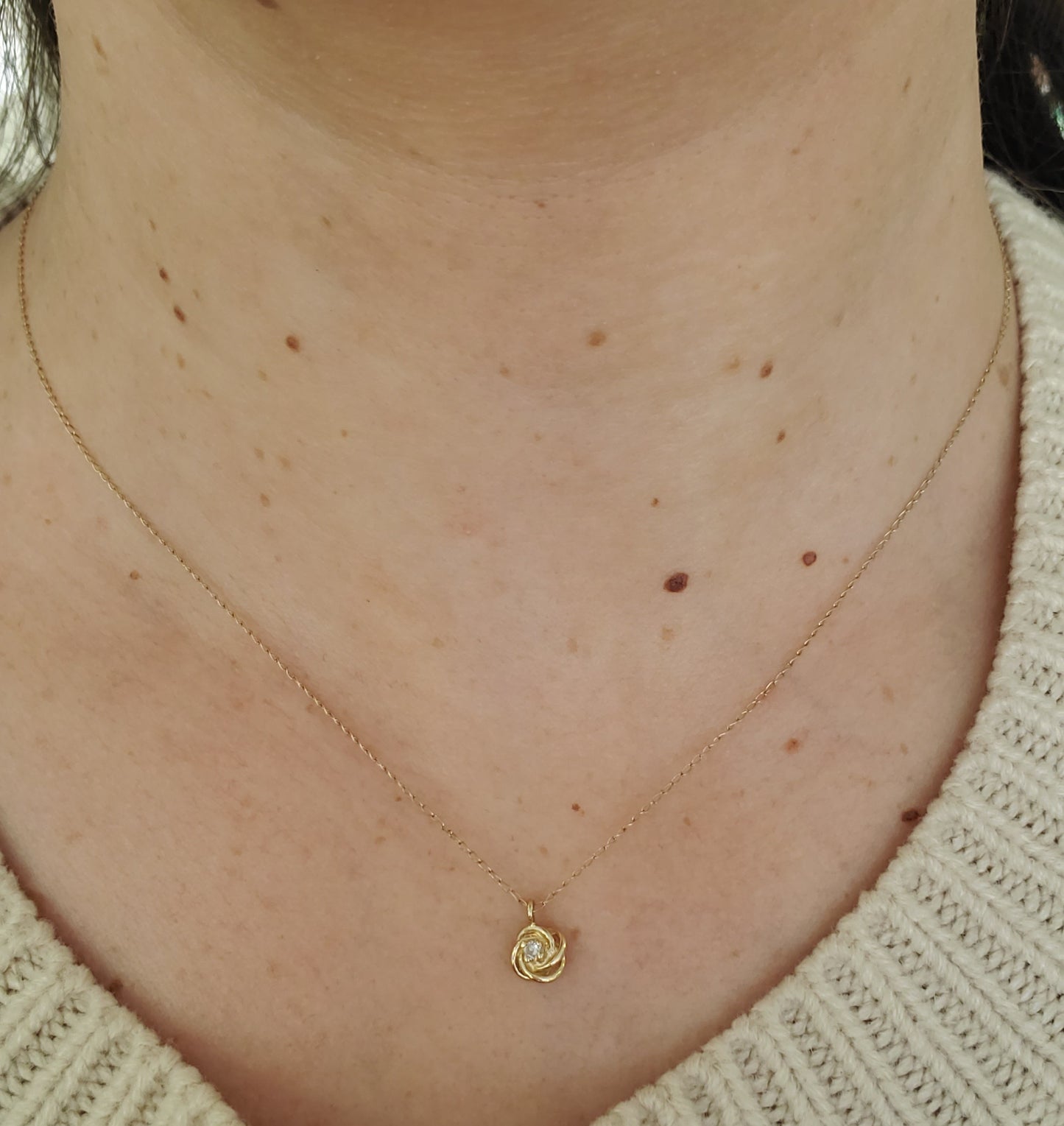 14k Solid Gold Petite Diamond Solitare Love Knot Necklace