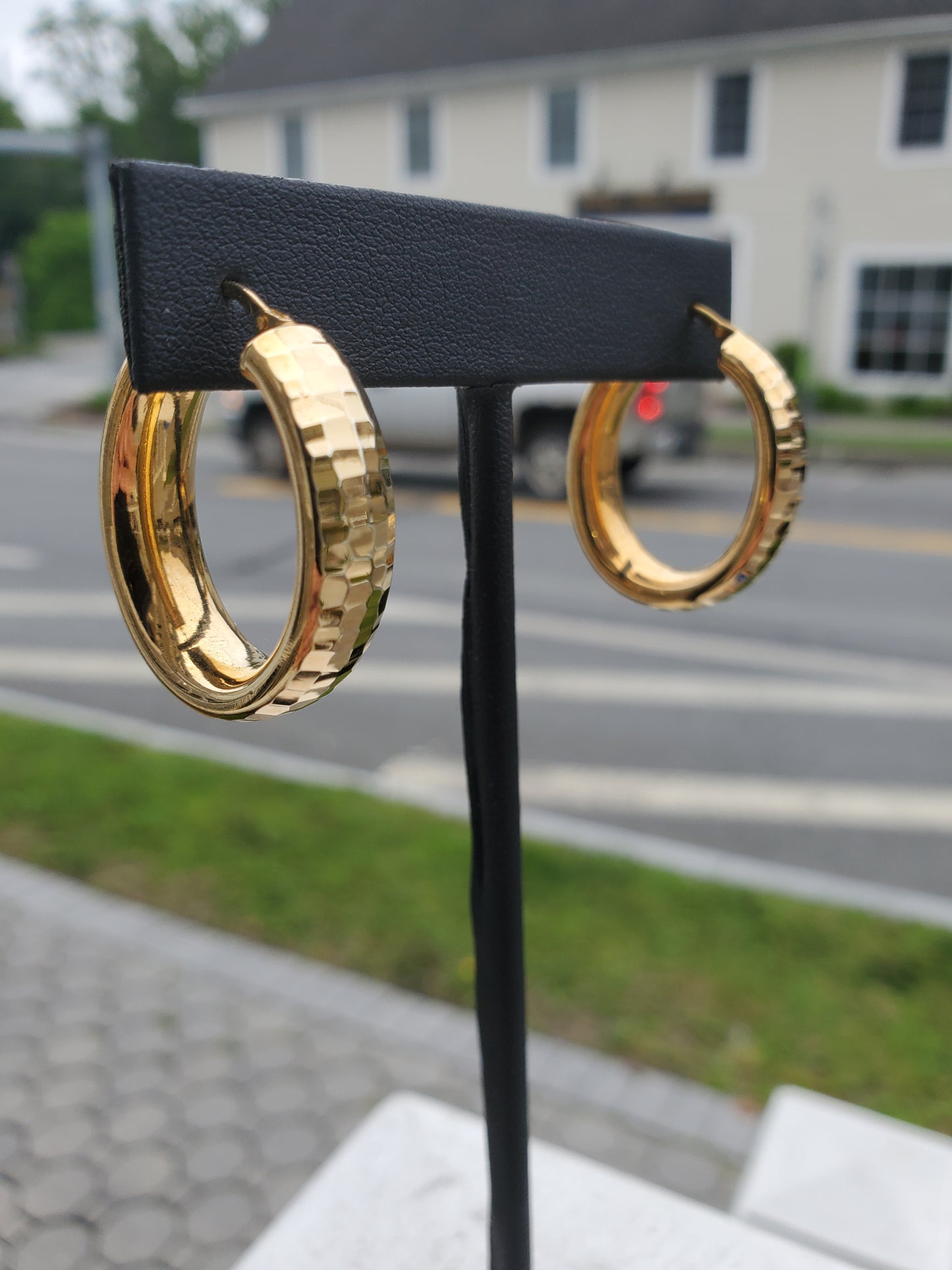 925 Sterling Silver Vermeil Thick Diamond Cut Hammered Design Hoops JCM Designer