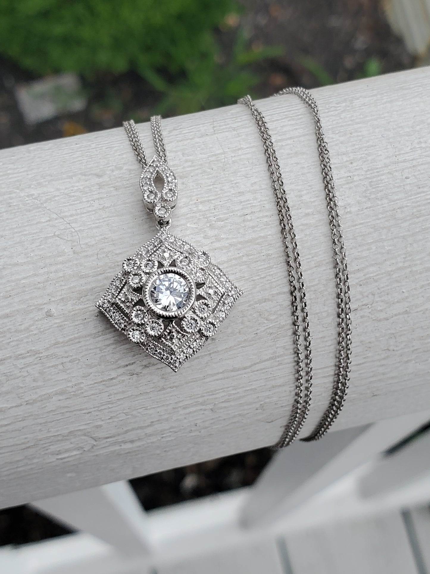 925 Sterling Silver "Sparkling Prestige" Filagre Bezel Set Zirconia Necklace w/ Embellishments