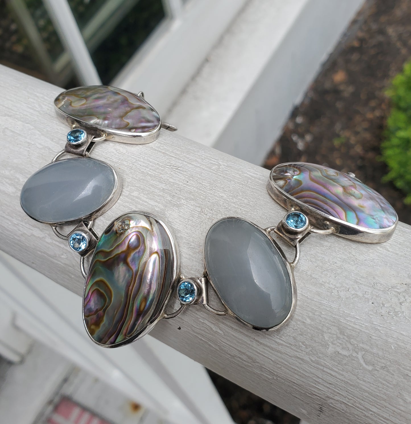 925 Sterling Silver Abalone, Gray Moonstone & Blue Topaz Large Stone Bracelet