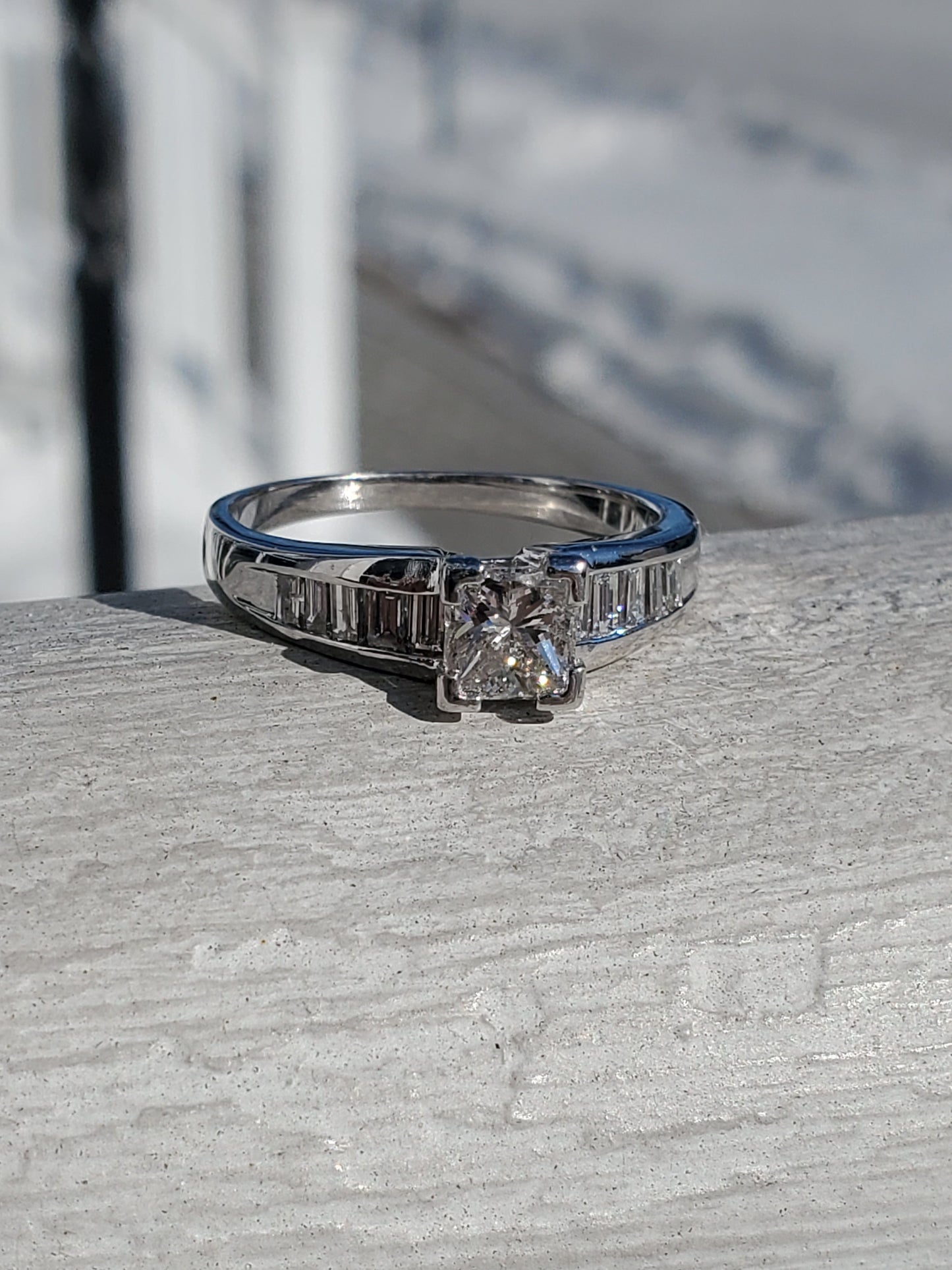 14k White Gold Natural Princess Cut Diamond Engagement Ring w/ channel set emerald cut sides