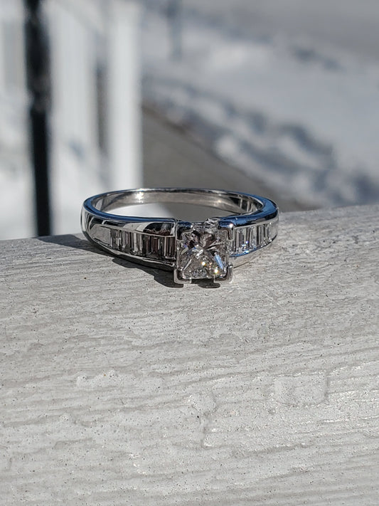 14k White Gold Natural Princess Cut Diamond Engagement Ring w/ channel set emerald cut sides