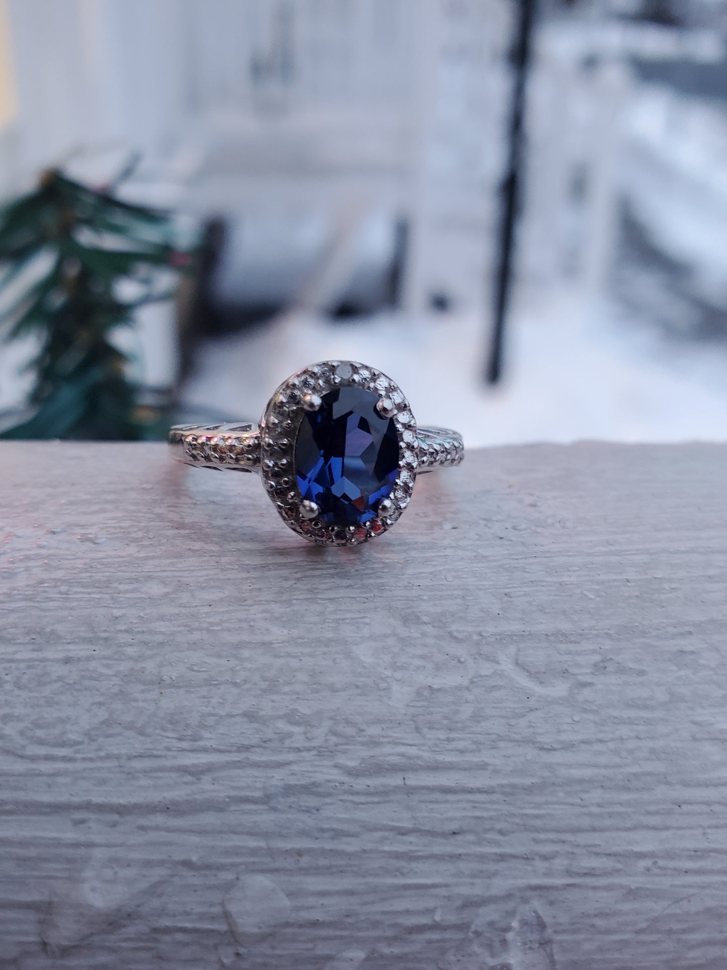 925 Sterling Silver Simulated 1ct Oval Sapphire & Diamond Halo Ring