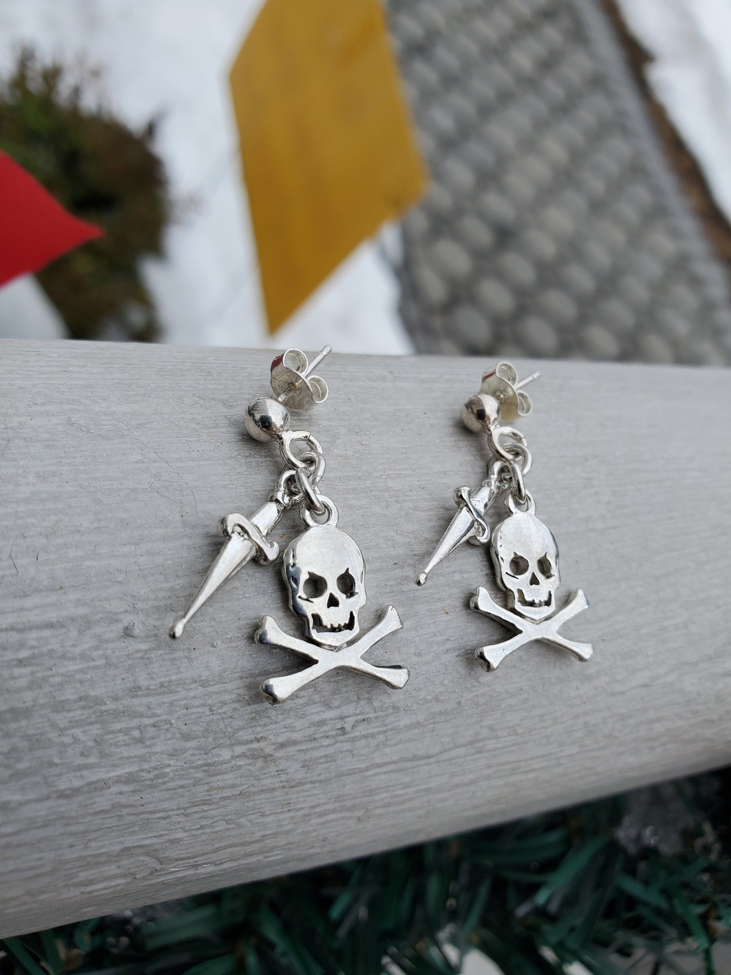 925 Sterling Silver Skull & Dagger Crossbones Dangle Earrings